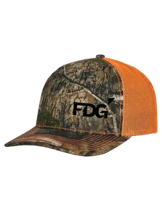 Mossy Oak Country DNA Camo/Orange Mesh Trucker Cap Snap Back w/FDG Logo