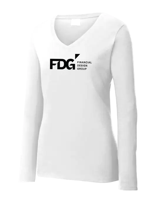 Womens  V-Neck Ring Spun White 4.5 oz Long Sleeve T-Shirt w/FDG Logo