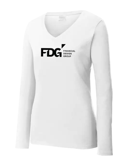 Womens  V-Neck Ring Spun White 4.5 oz Long Sleeve T-Shirt w/FDG Logo