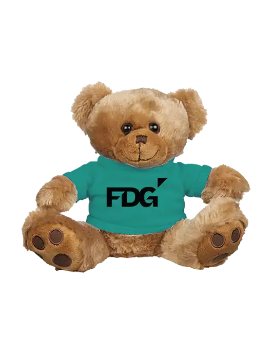 8 1/2 Cuddly Brown Bear With Teal T-Shirt w/FDG Logo